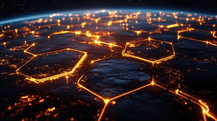 A series of glowing, pulsating hexagons interlocked together, symbolizing the core components of technology and innovation driving infrastructural development and growth.