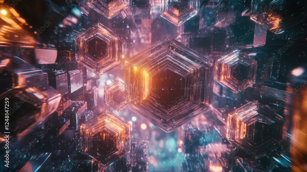 Poster A series of interlocking hexagons filled with pulsating light, illustrating the building blocks of advanced technology contributing to infrastructural growth and innovation.