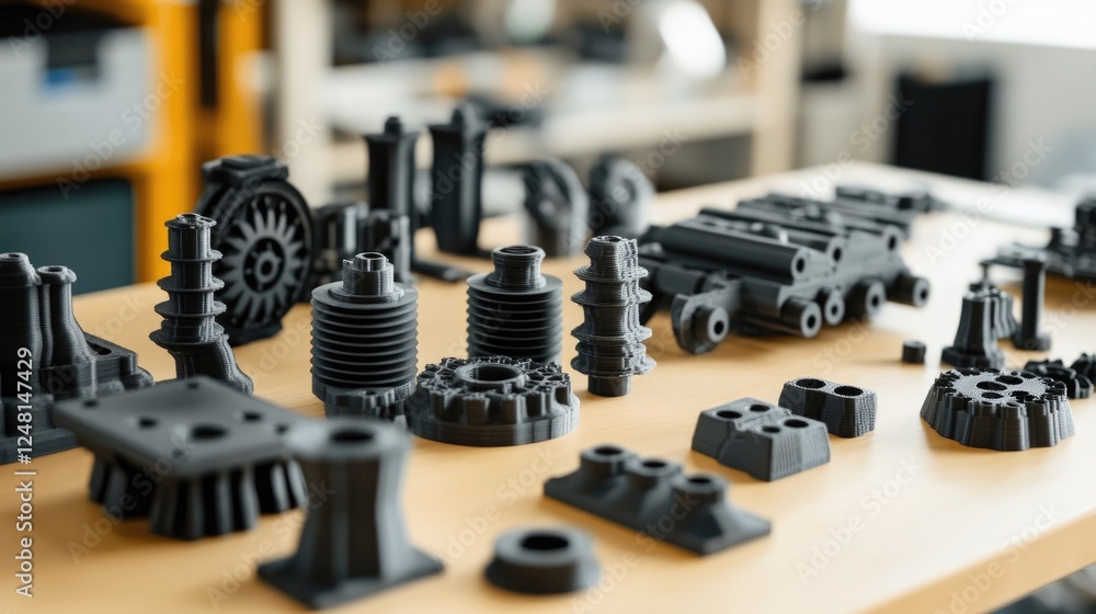 Poster A set of 3D-printed components lined up for assembly, showcasing the intersection of innovation and AI-driven design algorithms in modern manufacturing processes.