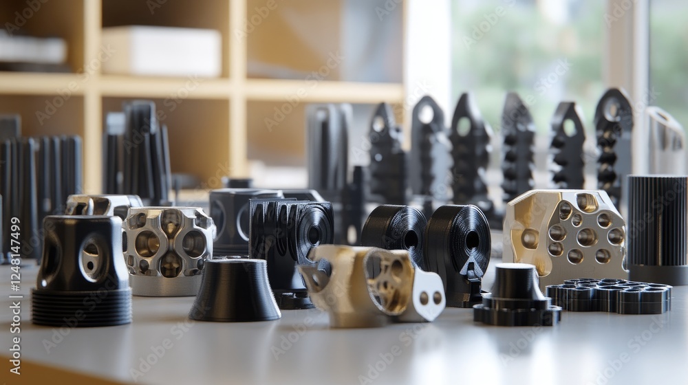 Poster A set of 3D-printed components lined up for assembly, showcasing the intersection of innovation and AI-driven design algorithms in modern manufacturing processes.