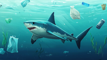 Obraz premium Sad shark, floating plastic bags and garbage underwater in sea or ocean. Ocean pollution by trash, global littering. Vector cartoon landscape of seabed with bottles, cups and barrel with toxic waste