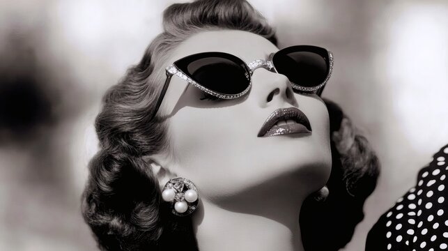 Elegant woman in vintage sunglasses and stylish attire poses outdoors in a bright setting capturing 1950s glamour