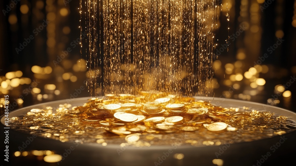 Poster A shimmering golden fountain cascading liquid coins and bars into a gleaming pool, representing wealth and circulation, with a minimalist podium for display