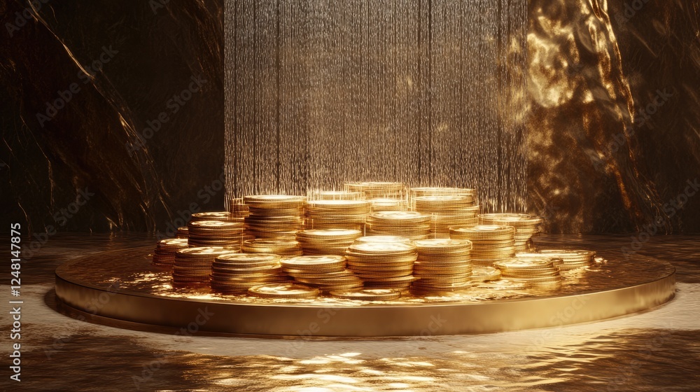 Poster A shimmering golden fountain cascading liquid coins and bars into a gleaming pool, representing wealth and circulation, with a minimalist podium for display