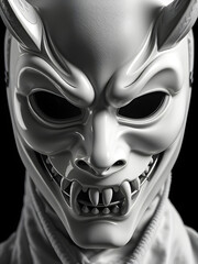 Naklejka premium japanese demon samourai mask , black and white digital 3d illustration 