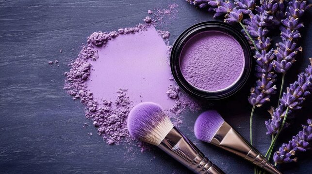 Creating a serene beauty experience with lavender and purple makeup elements laid on a textured surface