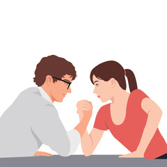 Man and a woman engage in an intense arm wrestling match, focusing on each other with determination. Flat vector illustration isolated on white background