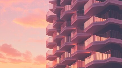 Towering Hotel Building with Balconies at Sunset Atmosphere