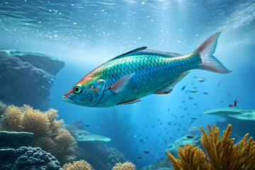 Naklejka premium Vibrant Underwater Scene Featuring Colorful Fish Swimming in Coral Reef