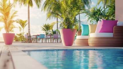 Fototapeta premium Vibrant Poolside Breakfast Area Surrounded by Lush Palm Trees