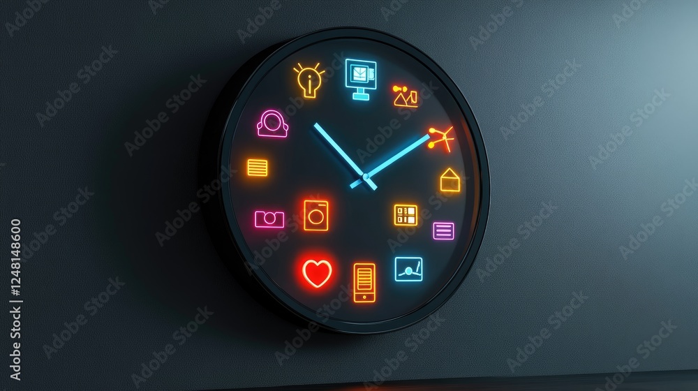 Poster a sleek, futuristic clock face featuring glowing smart device icons, symbolizing the synergy between