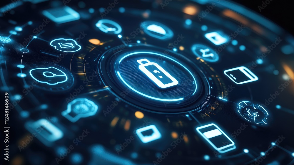 Poster a sleek, futuristic clock face featuring glowing smart device icons, symbolizing the synergy between