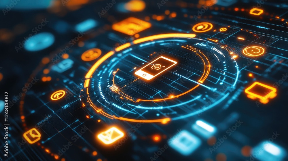 Poster a sleek, futuristic clock face featuring glowing smart device icons, symbolizing the synergy between