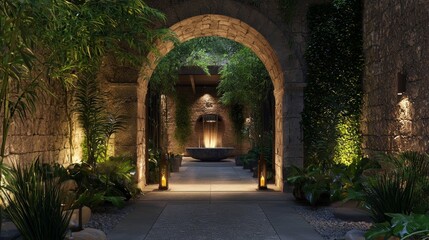 Fototapeta premium Serene Stone Archway Leading Into Lush Garden Retreat