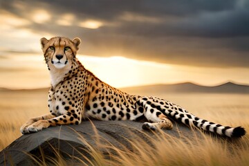 Obraz premium cheetah in the savannah, ready to prone - Generative AI,Wild African cheetah resting in the forest, close-up.,Cheetah Brothers Africa Safari Masai Mara Portrait,Elegant cheetah resting among greenery