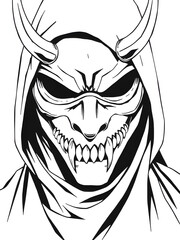 smiling japanese demon samourai mask , black and white digital illustration 