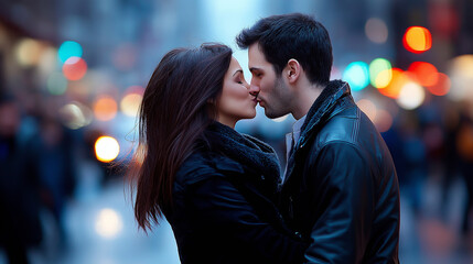 Fototapeta premium A stolen kiss in the middle of a busy city street, with the blurred hustle of life in the background.