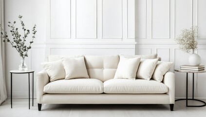 Cream sofa, minimalist room, decor, interior design, advertisement