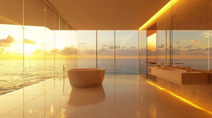 Fototapeta premium Luxury Bathroom with Wall-to-Wall Ocean View at Sunset