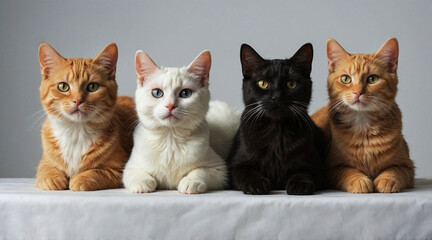 Photo studio d'un chat blanc, d'un chat noir et de deux chats roux couchés qui regardent l'objectif devant un fonc blanc très clair
