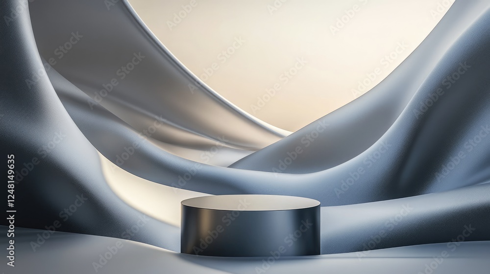 Poster a soft trickle of shimmering luster through winding valleys, framed by a sleek empty pedestal for pa