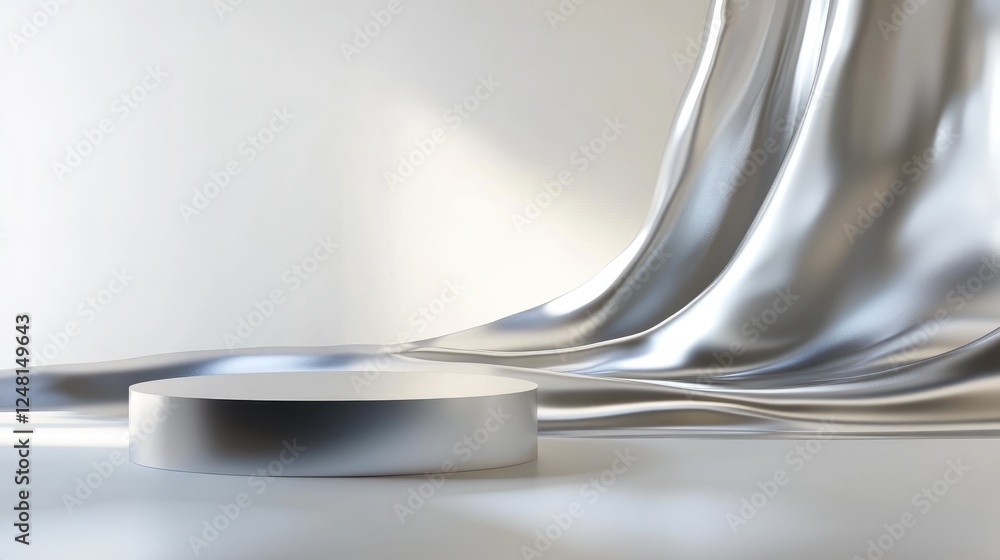 Poster a soft trickle of shimmering luster through winding valleys, framed by a sleek empty pedestal for pa
