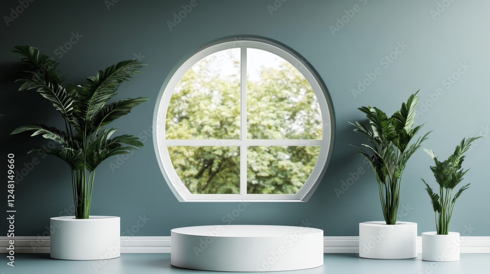 Poster window or hole in wall with product podium behind it. realistic vector illustration of white minimal