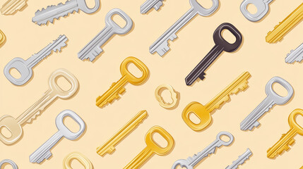 Naklejka premium House key ring vector illustration icon set. Bunch of golden and silver classic unlock door element. Lock symbol for rental apartment, hotel room or security sign isolated drawn graphic concept