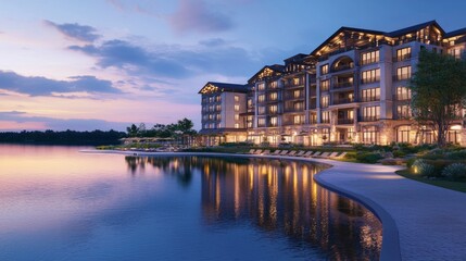 Fototapeta premium Elegant Lakeside Resort with Scenic Views at Twilight