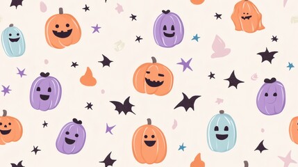 Colorful Halloween pumpkin pattern featuring smiling faces and whimsical shapes in pastel tones on a light background. seamless pattern