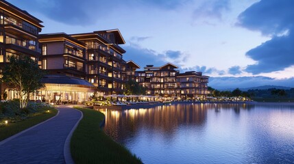 Fototapeta premium Luxurious Lakeside Resort with Intricate Design at Sunset