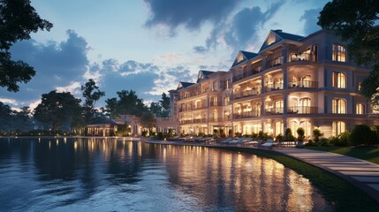 Naklejka premium Grand Lakeside Resort with Intricate Architectural Design at Sunset