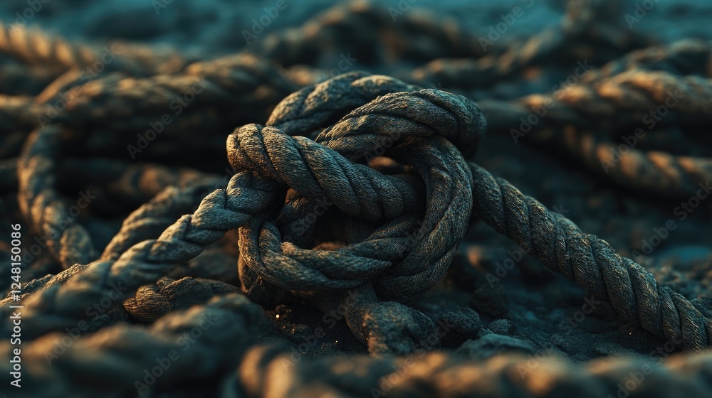 Aufkleber A solid loop knot stands resilient amid a pile of broken ropes, symbolizing the strength of unity and persistence in challenging times.