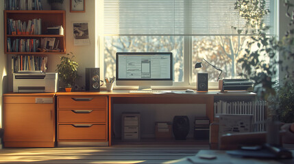 Home office interior with furniture and equipment. Vector cartoon illustration of room with large window, desktop computer, drawer with documents, printer on shelf, loudspeakers on floor, flower pots