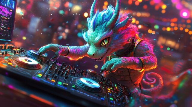 Fantasy creature mixes beats at vibrant nightlife event in a colorful urban setting