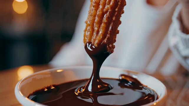 A person dips a freshly made churro into a bowl of warm chocolate sauce at a relaxed cafe in the evening. The setting is warm and inviting, perfect for sweet treats.