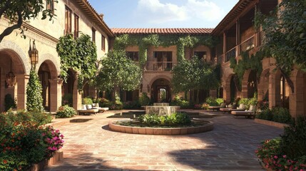 Obraz premium Mediterranean Inspired Courtyard with Fountain and Lush Greenery