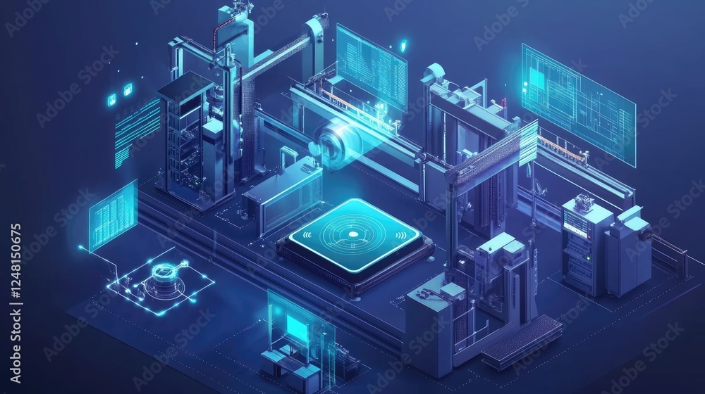 Poster A strategic placement of a 5G router among machines and IoT sensors, ensuring seamless connectivity and instant communication within an industrial production environment.