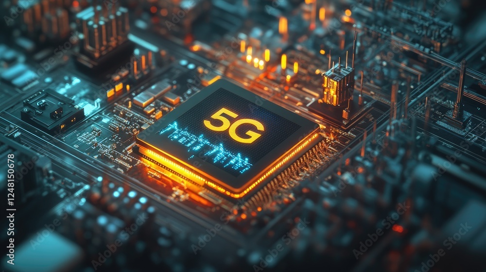 Poster A strategic placement of a 5G router among machines and IoT sensors, ensuring seamless connectivity and instant communication within an industrial production environment.