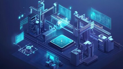 A strategic placement of a 5G router among machines and IoT sensors, ensuring seamless connectivity and instant communication within an industrial production environment.