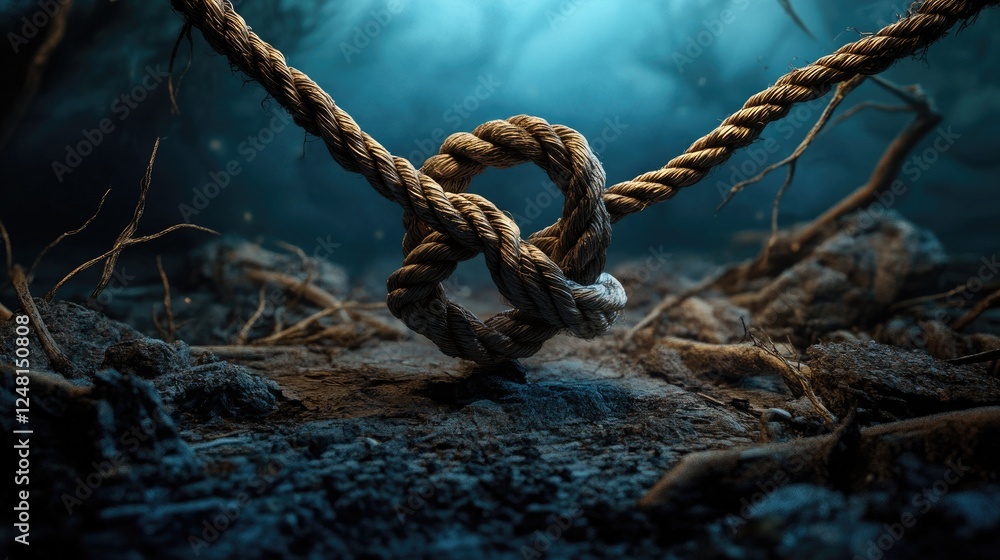 Poster A strong loop knot standing firm amidst broken ropes, symbolizing resilience, unity, and the enduring power of strength in adversity.