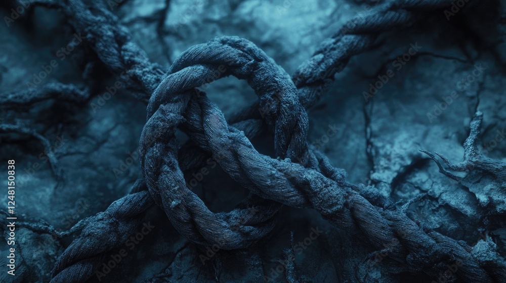 Poster A strong loop knot standing firm amidst broken ropes, symbolizing resilience, unity, and the enduring power of strength in adversity.