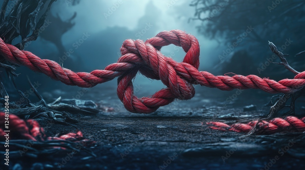 Poster a strong loop knot standing firm amidst broken ropes, symbolizing resilience, unity, and the endurin