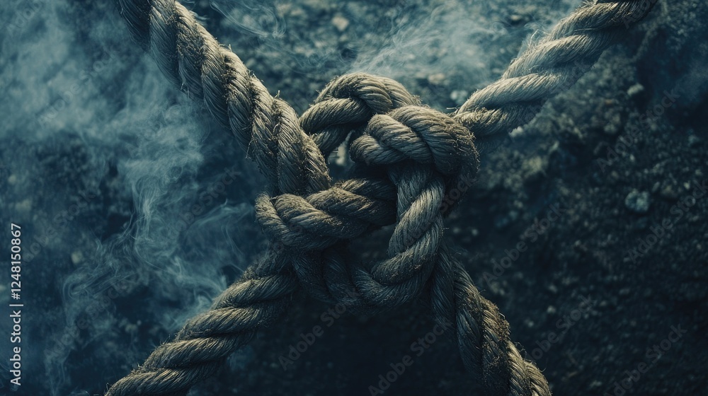 Poster a strong loop knot standing firm amidst broken ropes, symbolizing resilience, unity, and the endurin