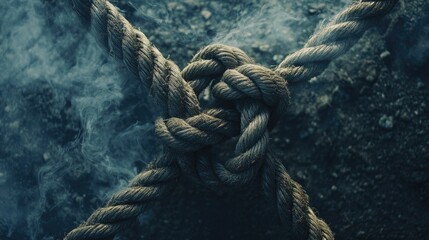 Fototapeta premium A strong loop knot standing firm amidst broken ropes, symbolizing resilience, unity, and the enduring power of strength in adversity.