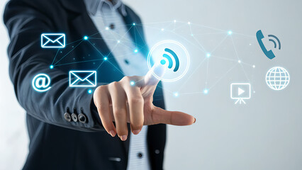 Obraz premium Business Professional Interacting with Digital Communication Icons