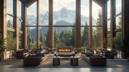 Mountain Lodge Interior with Panoramic View of Majestic Peaks
