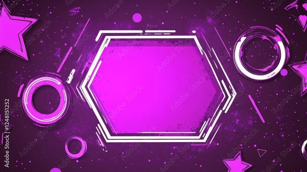Poster abstract purple hexagon frame with glowing stars and circles futuristic tech background design