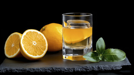 Fototapeta premium Refreshing orange drink with fresh oranges and green leaves on slate