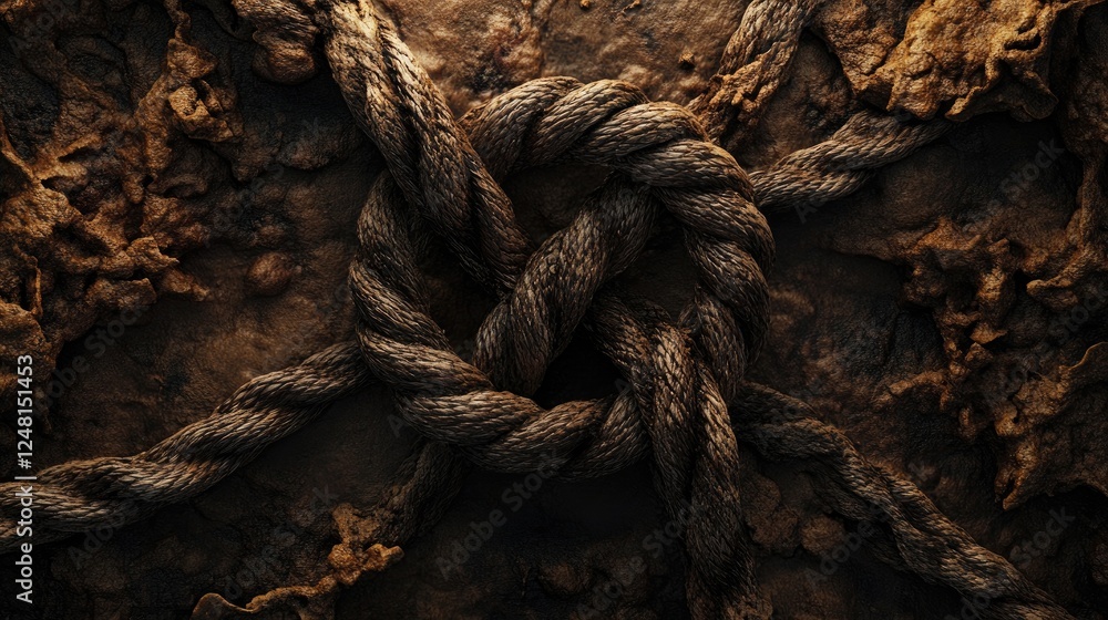 Poster a sturdy loop knot holding firm among broken, frayed ropes, symbolizing resilience, strength, and un